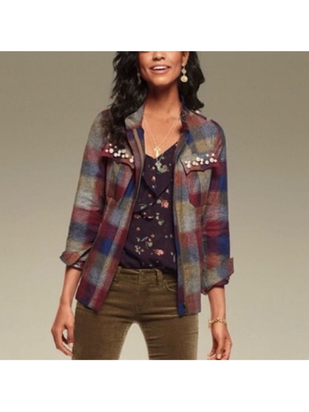 Cabi Plaid Jacket with Pearl Details Medium